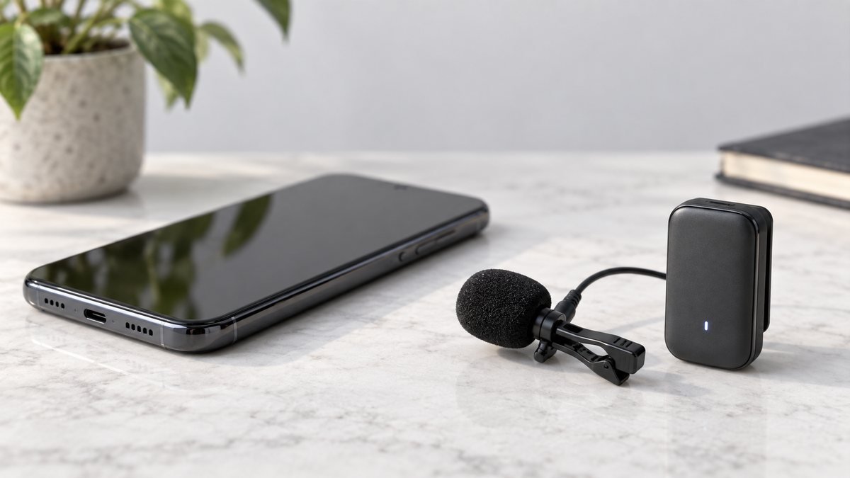 Unbranded Bluetooth lavalier microphone beside a generic smartphone used for recording