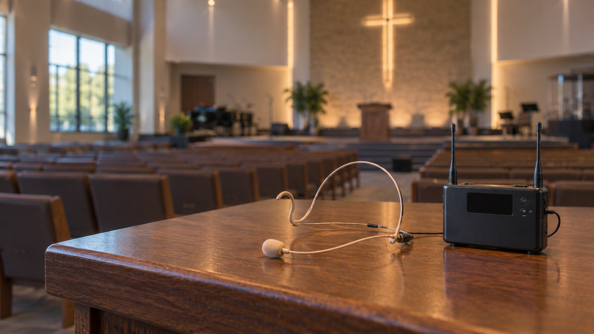 Unbranded headset microphone with bodypack and receiver in a respectful empty worship hall
