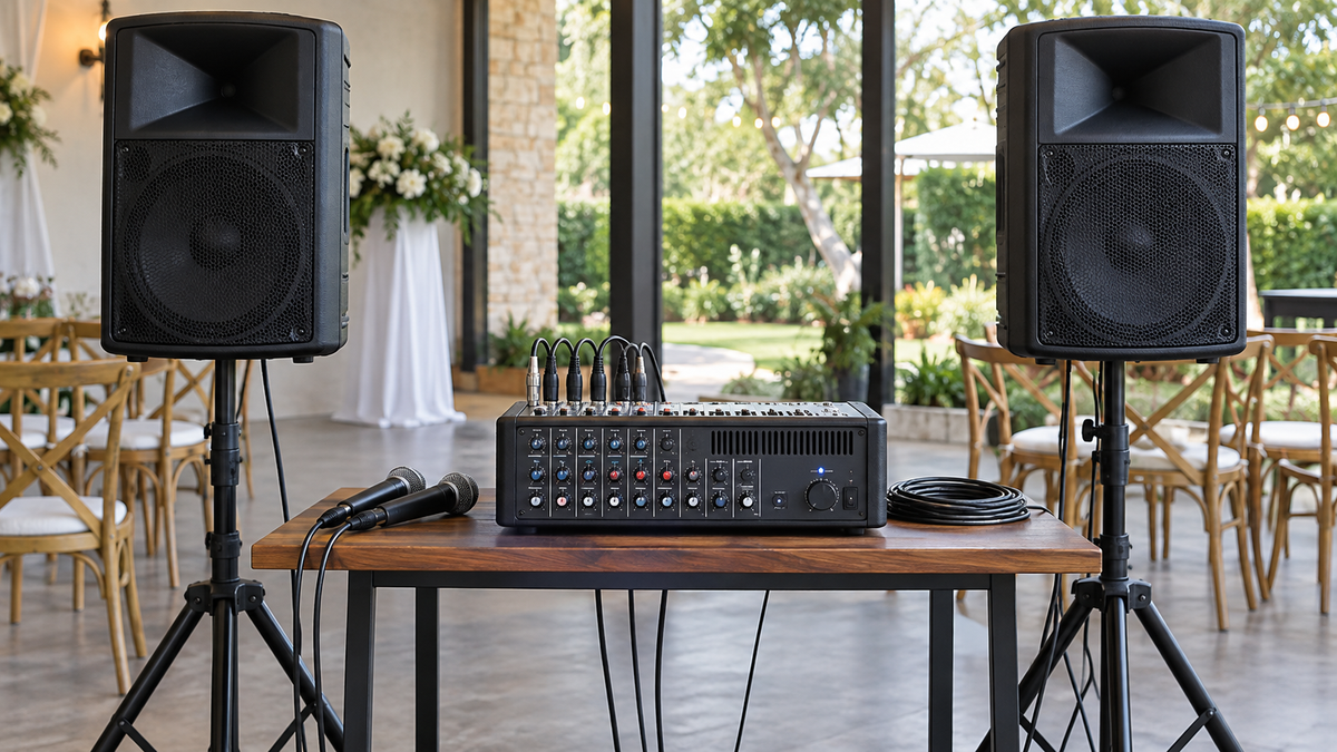 Unbranded microphone mixer amplifier and speakers arranged in a clean small-event setup