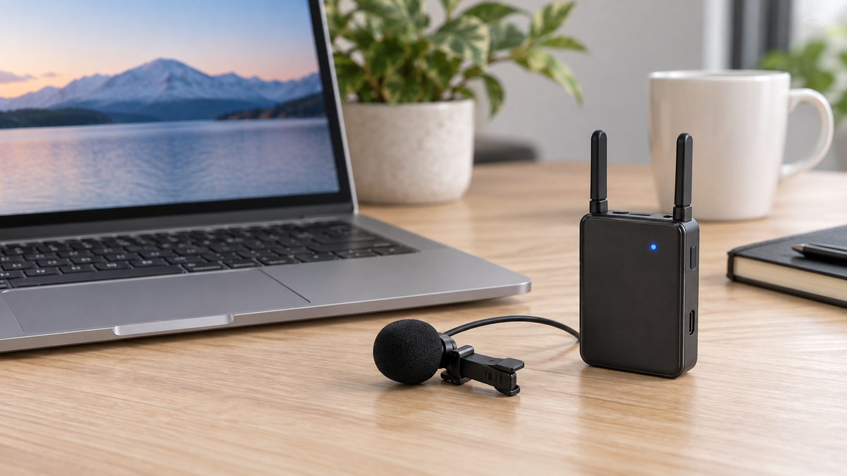 Unbranded wireless lapel microphone and receiver beside a generic computer