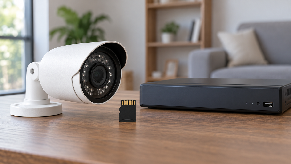 Unbranded visible security camera beside a plain microSD card and generic recorder