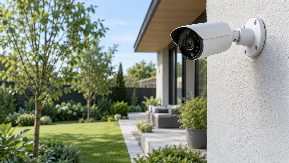 Unbranded high-resolution security camera mounted visibly in a lawful private-property setup