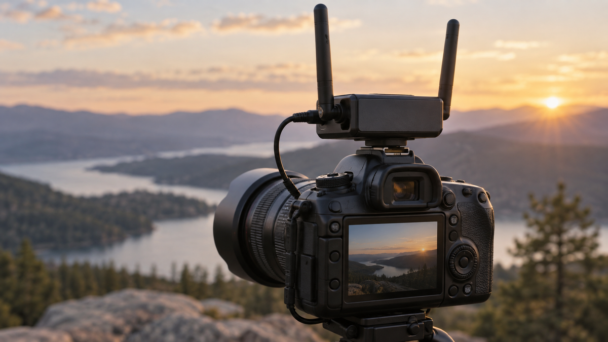 Unbranded wireless microphone receiver mounted on a generic DSLR camera
