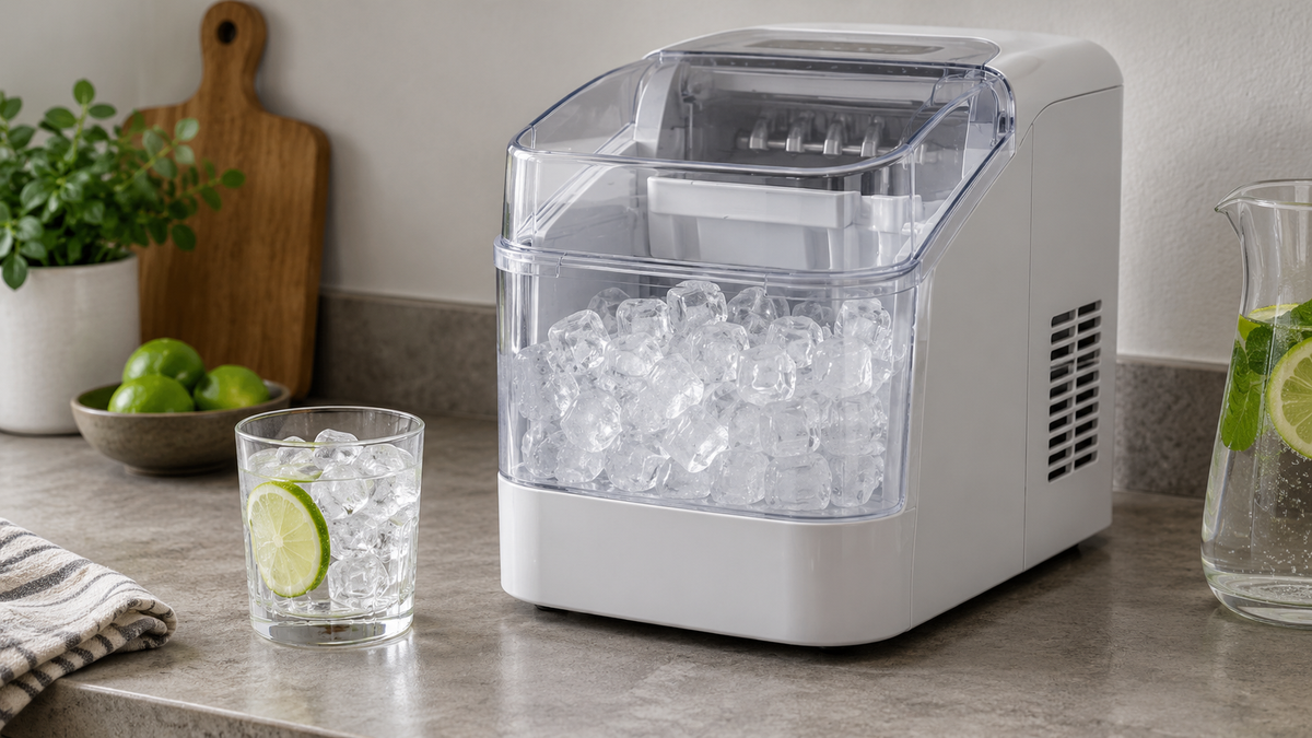 Unbranded portable clear ice maker producing transparent cubes on a neutral countertop