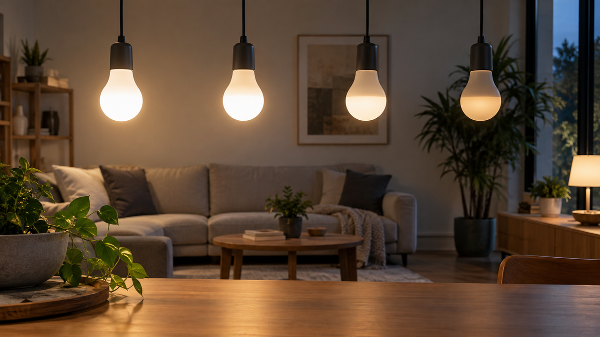 Unbranded WiFi dimmable light bulbs creating different brightness levels in a modern room