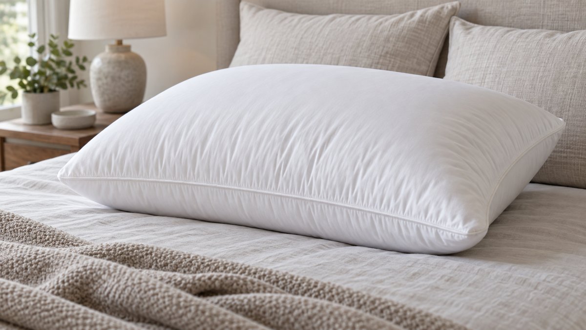 Unbranded hybrid memory foam and down-style pillow on a neutral bed