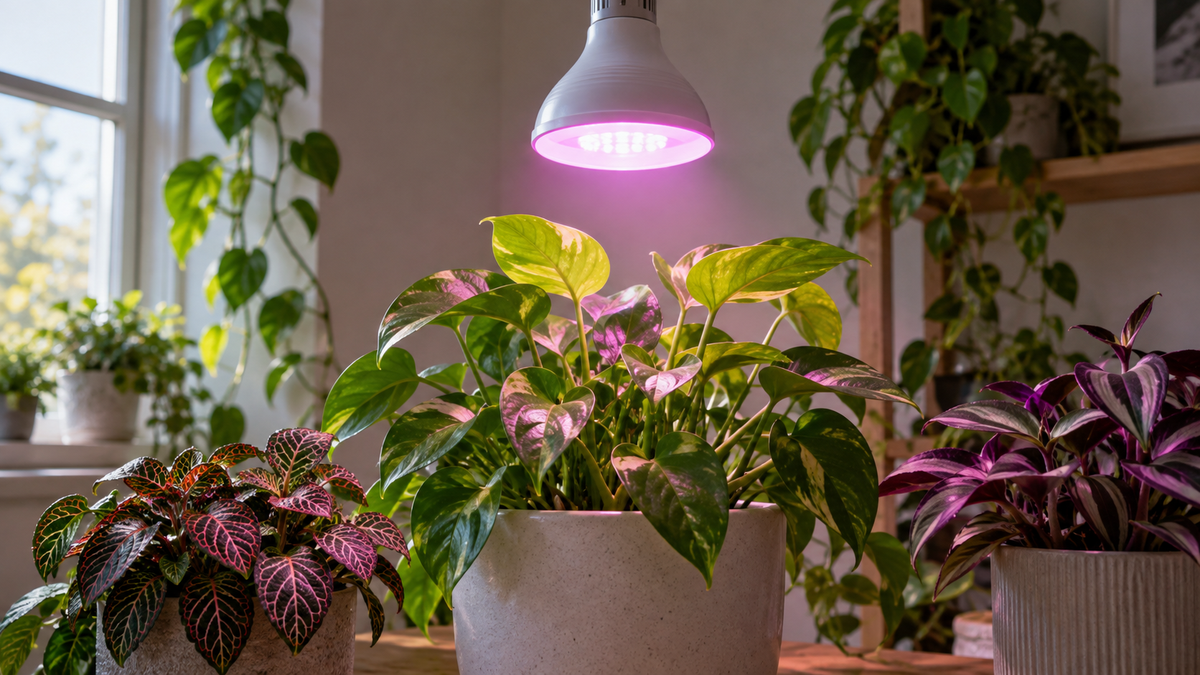 Unbranded smart grow light bulb illuminating healthy indoor plants in a tidy home setting