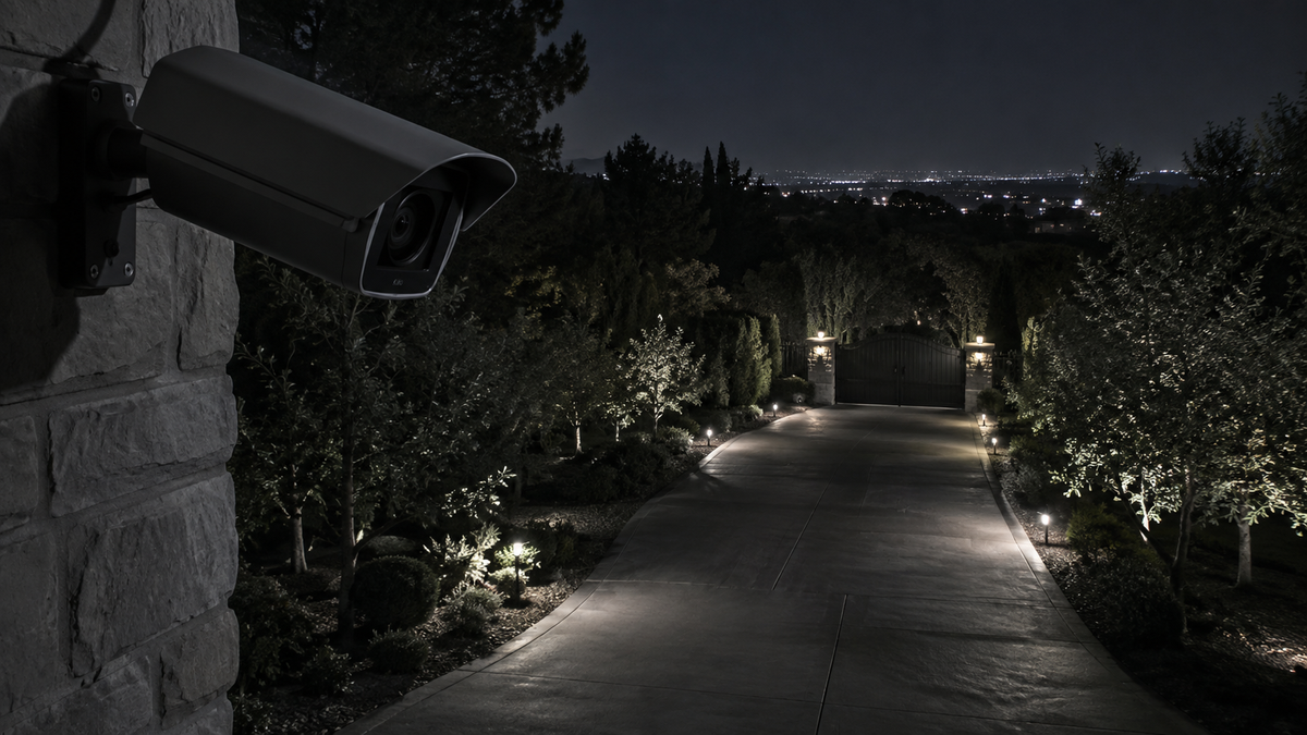 Unbranded long-range night vision security camera overlooking a private driveway at night