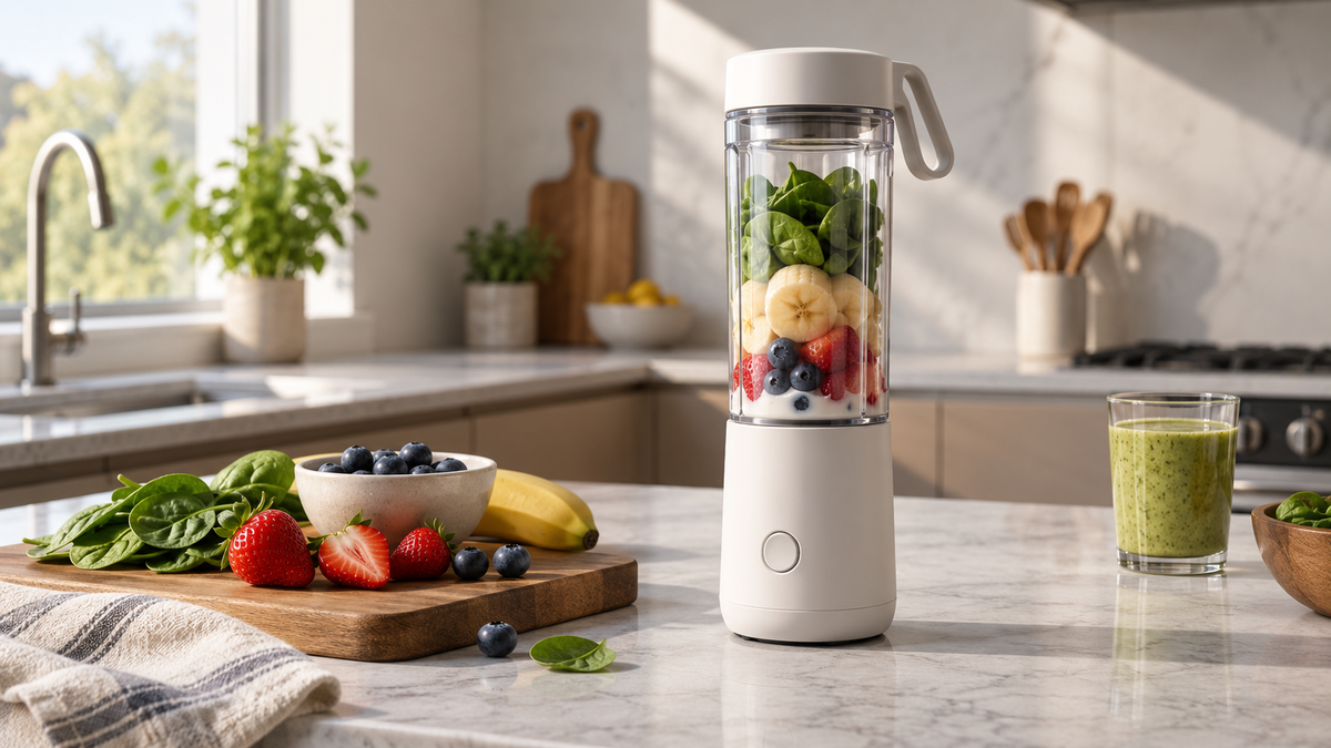 Unbranded compact portable blender on a quiet modern kitchen counter