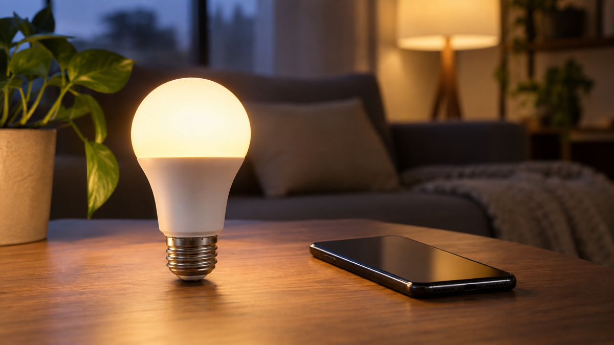 Unbranded Bluetooth smart bulb glowing beside a generic smartphone in a modern room