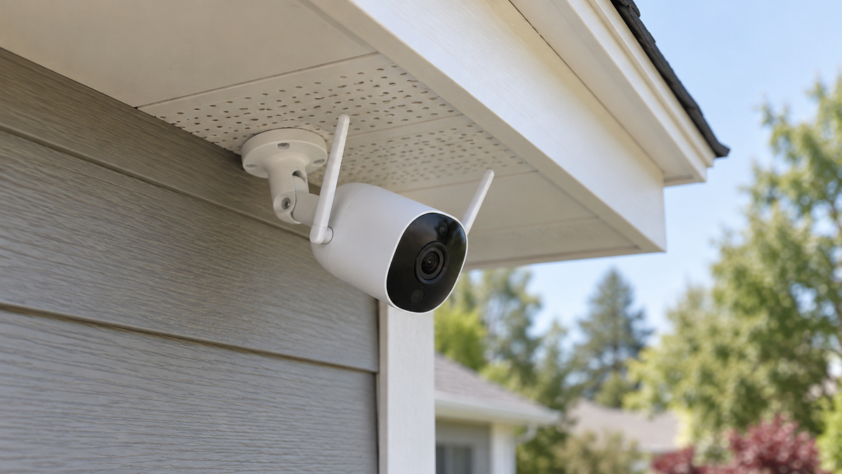 Unbranded WiFi bullet camera mounted visibly beneath an eave at a private home