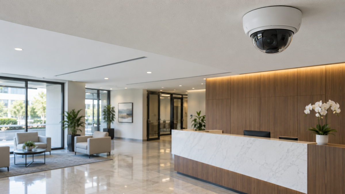 Unbranded ceiling security camera mounted visibly in a neutral authorized indoor space
