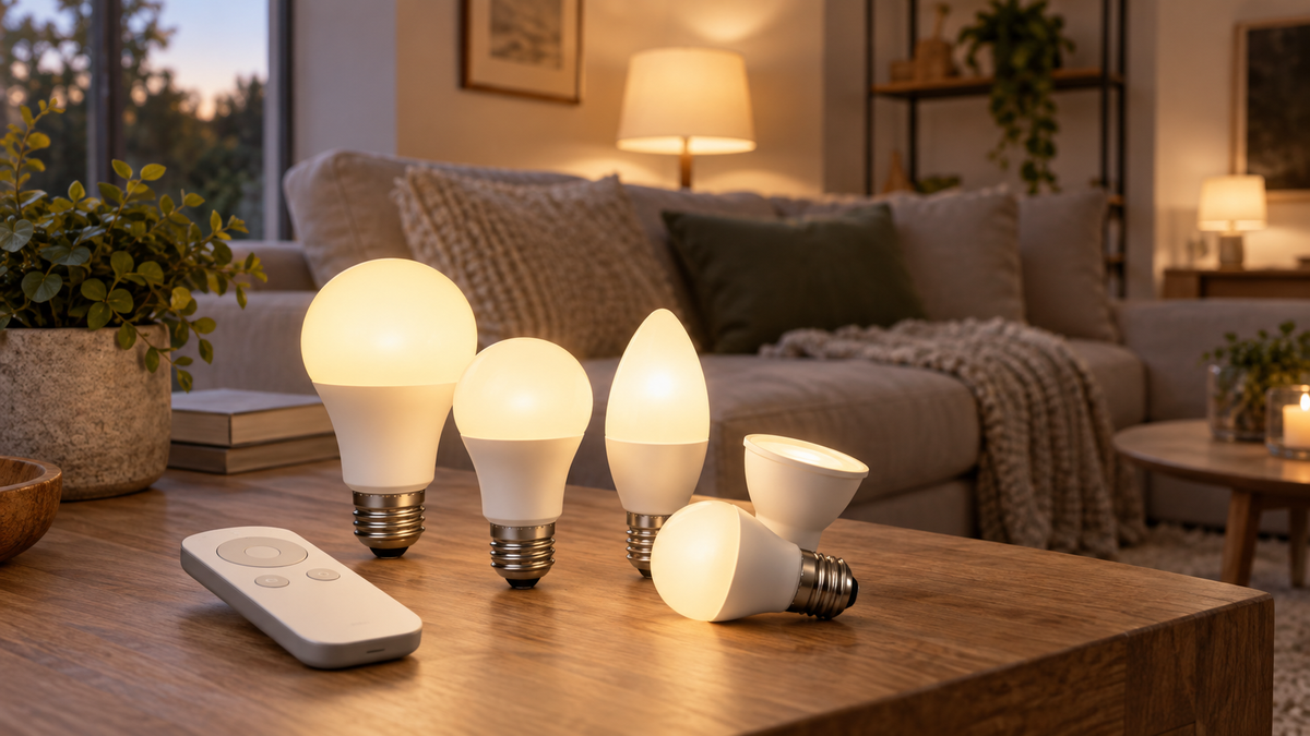 Several unbranded dimmable light bulbs with a simple blank remote in a modern living room