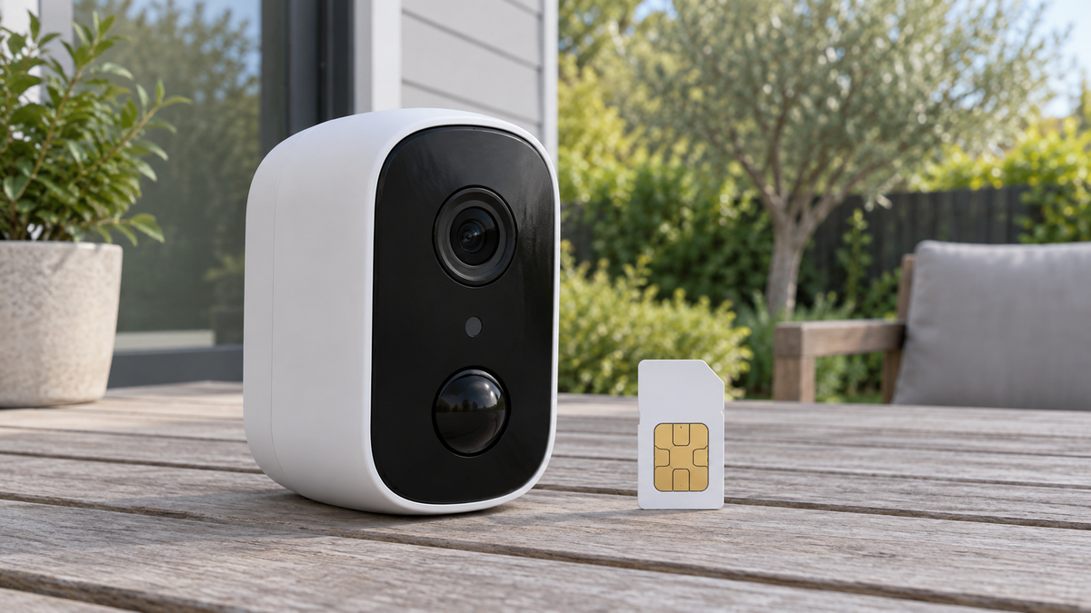 Unbranded battery-powered cellular security camera with a generic SIM card displayed beside it