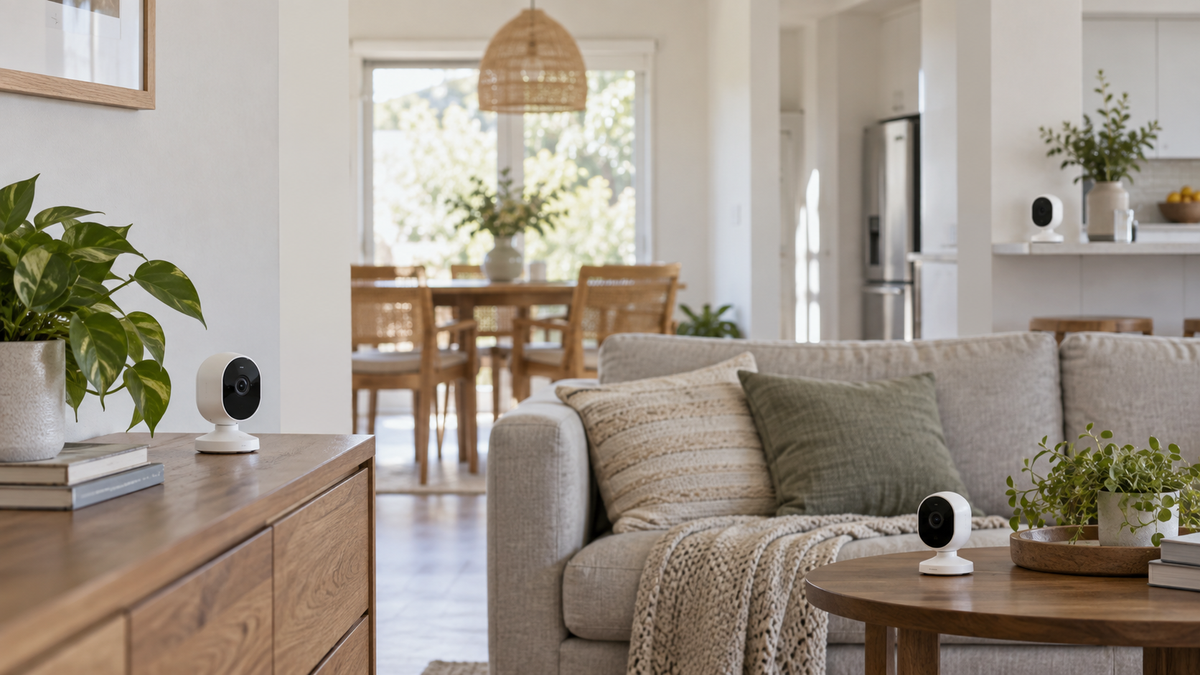 Unbranded wireless indoor cameras placed openly in a bright neutral home interior
