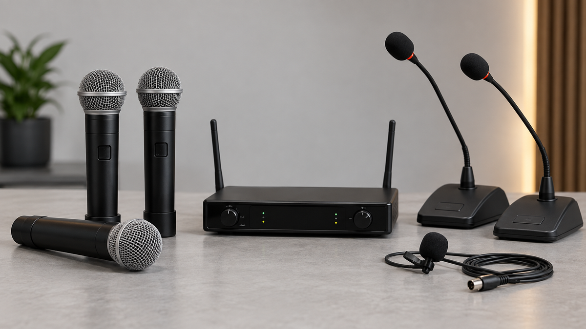 Several unbranded microphones and a compact receiver arranged for a multi-microphone setup