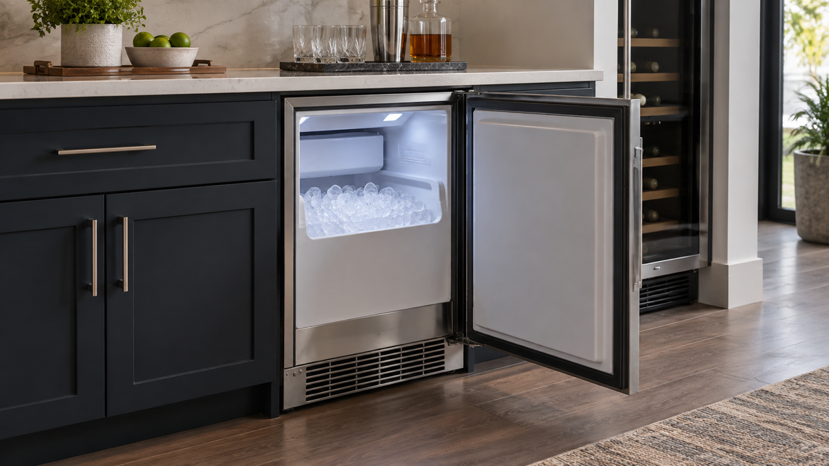 Unbranded built-in ice machine installed neatly beneath a counter in a modern kitchen
