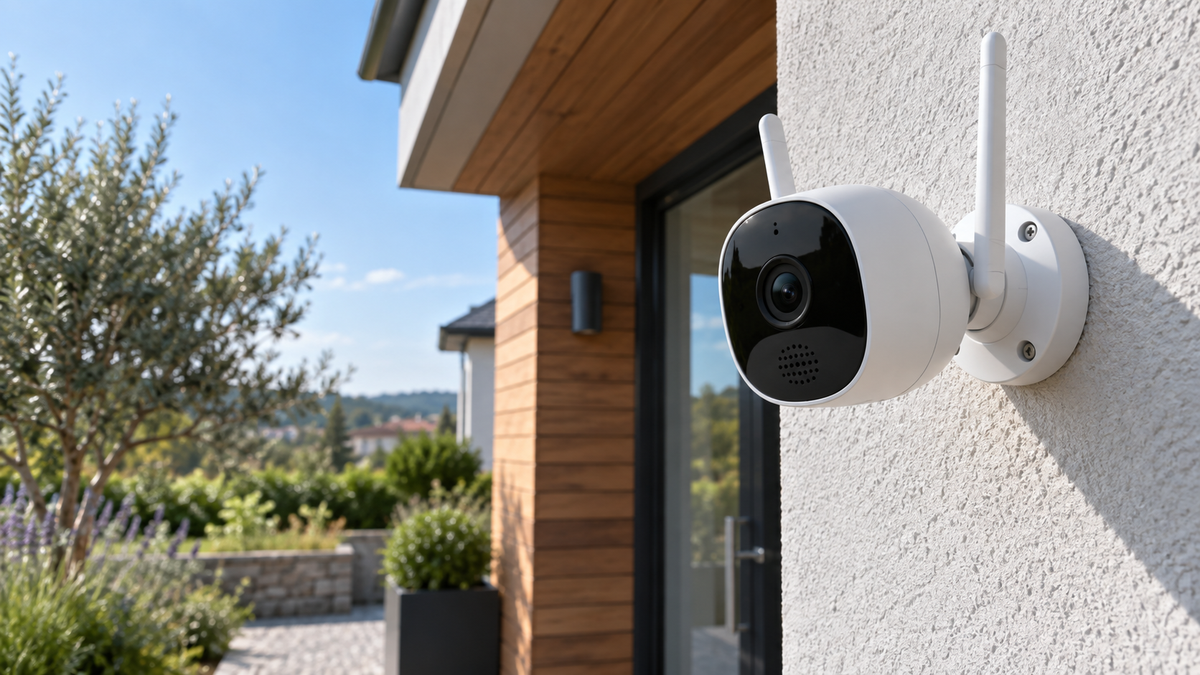 Unbranded wireless CCTV camera with visible microphone and speaker openings mounted responsibly