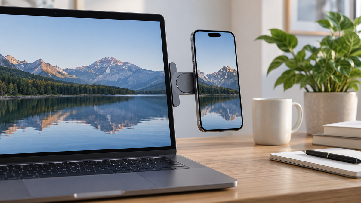 Unbranded magnetic phone holder attached beside a generic laptop screen in a clean workspace