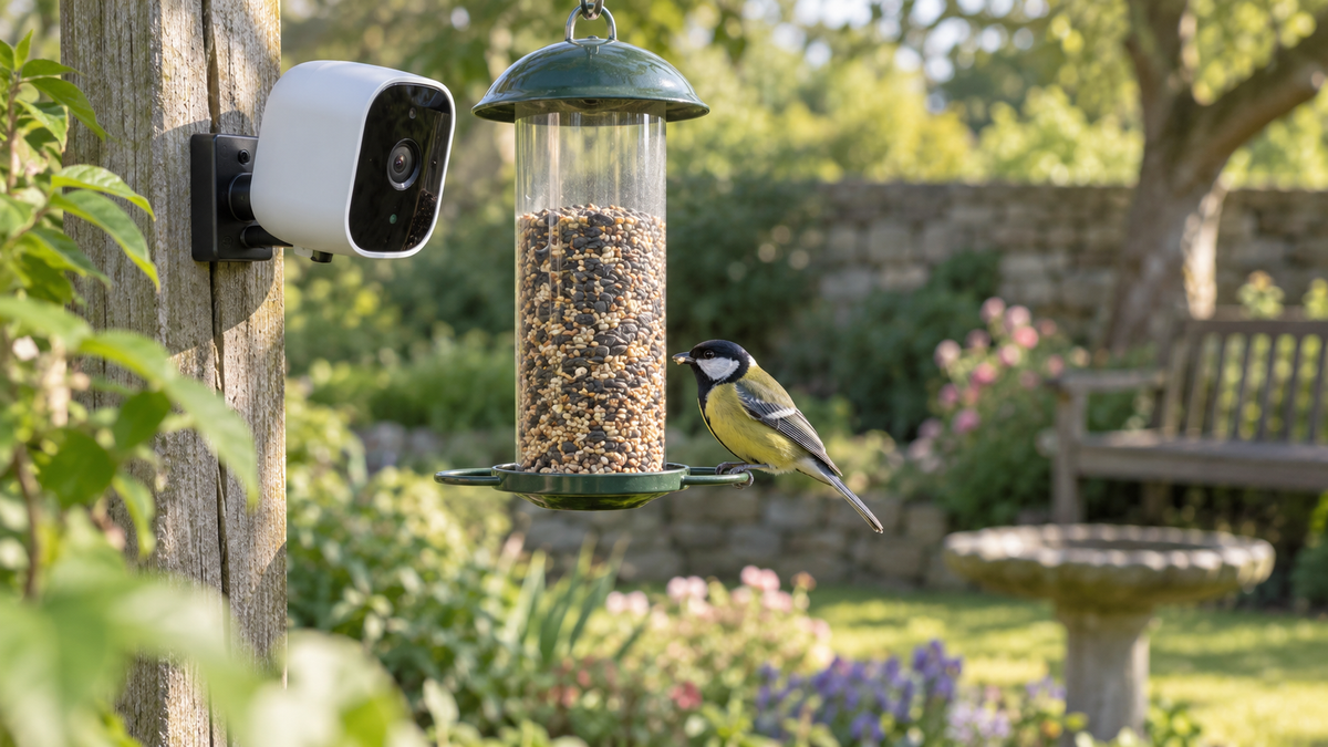 Unbranded wireless bird camera mounted near a feeder in a quiet garden without disturbing wildlife