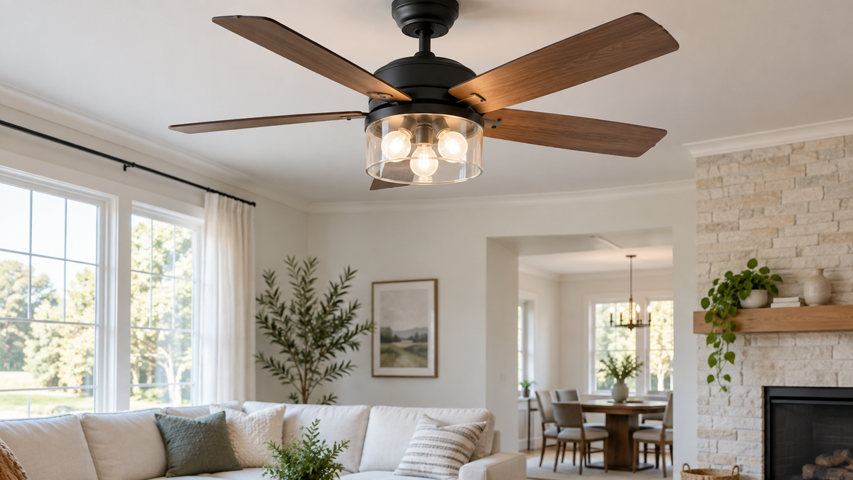 Unbranded smart bulbs installed in a modern ceiling fan light fixture