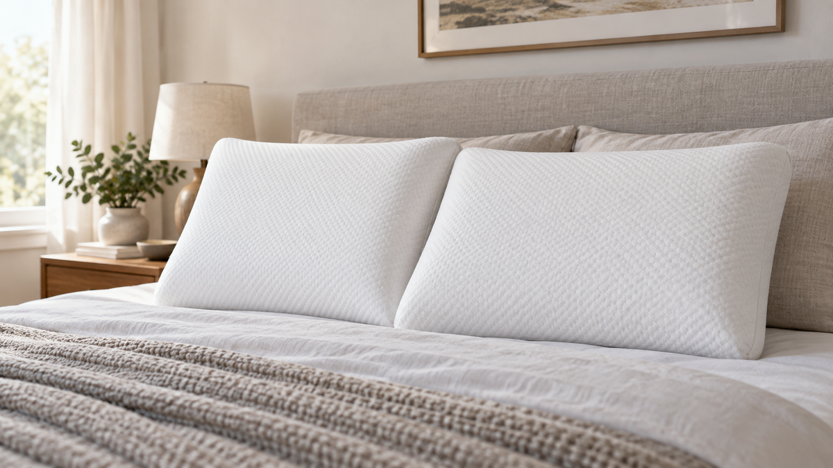 Unbranded matching pair of memory foam pillows arranged on a neutral bed