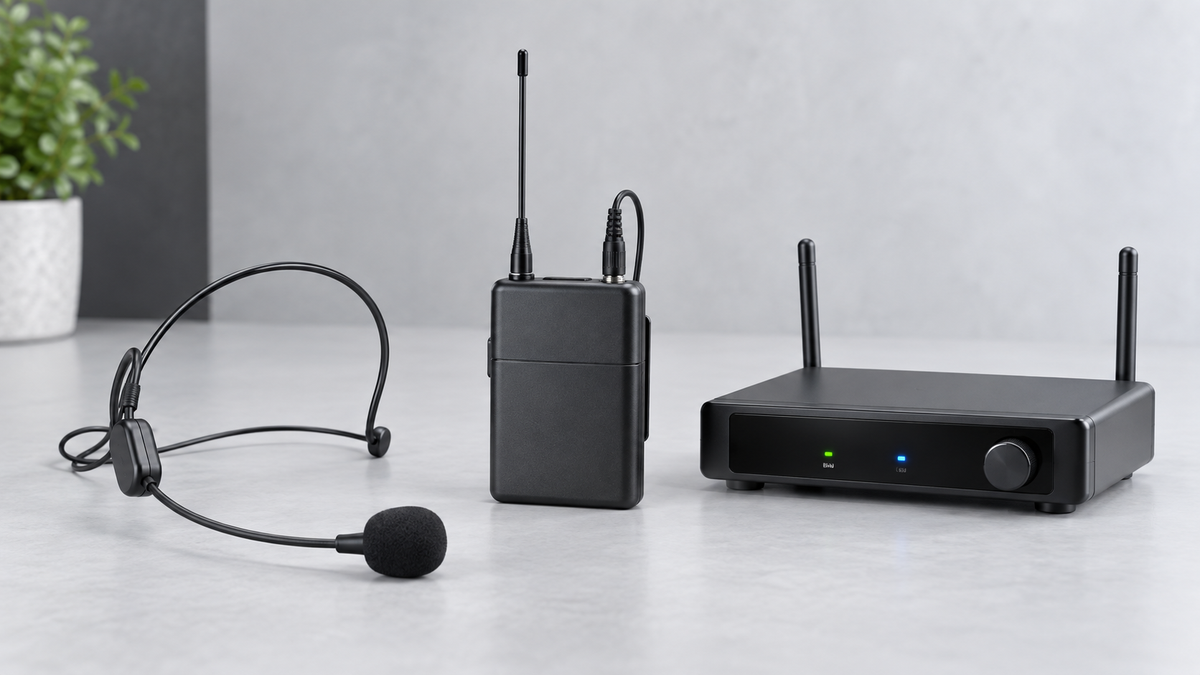 Unbranded wireless earset microphone with bodypack and receiver on a clean studio surface