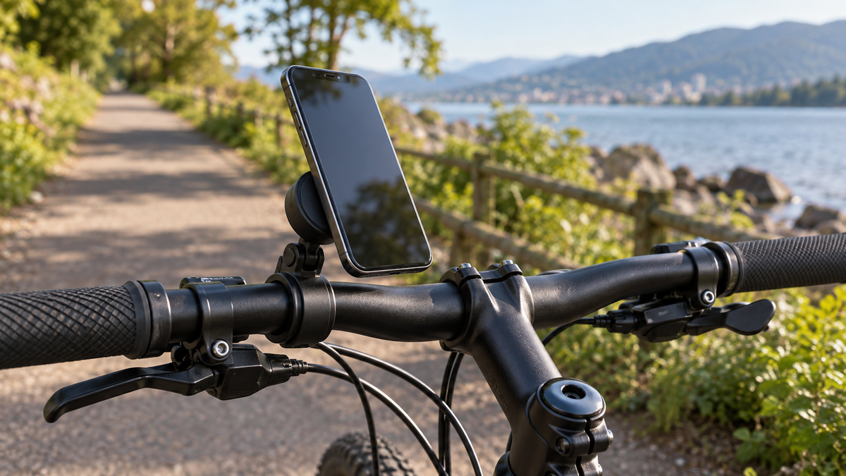 Unbranded magnetic phone mount secured to bicycle handlebars on a stationary bike