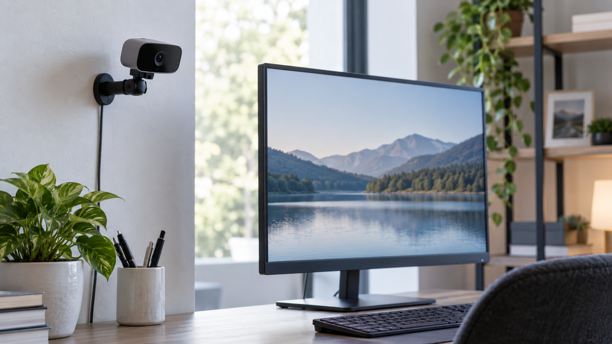 Unbranded webcam used visibly as a security camera beside a generic computer monitor