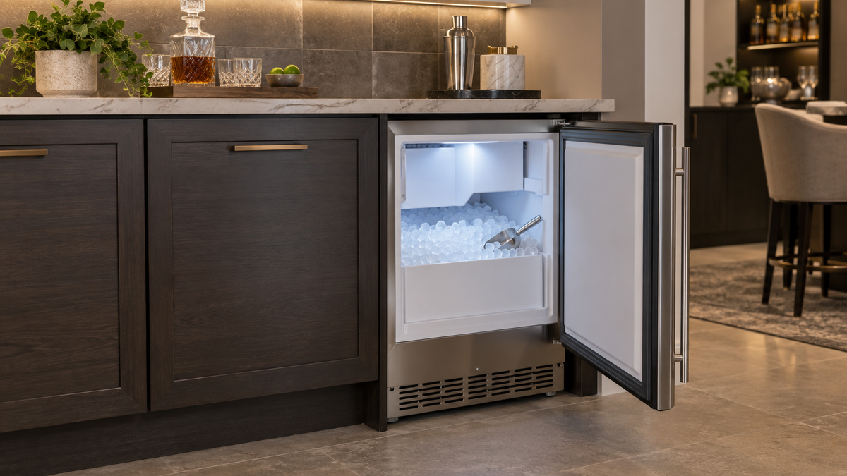 Unbranded compact bar icemaker installed beneath a beverage counter with fresh ice visible