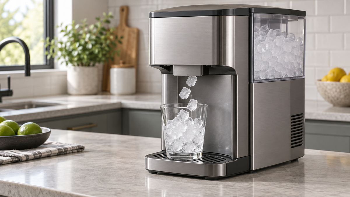 Unbranded portable ice dispenser serving ice into a glass on a neutral countertop
