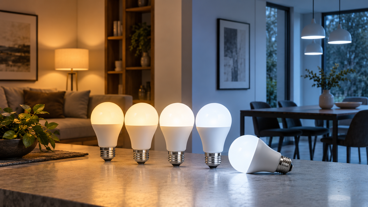 Several unbranded tunable white smart bulbs demonstrating warm and cool white light in a modern room
