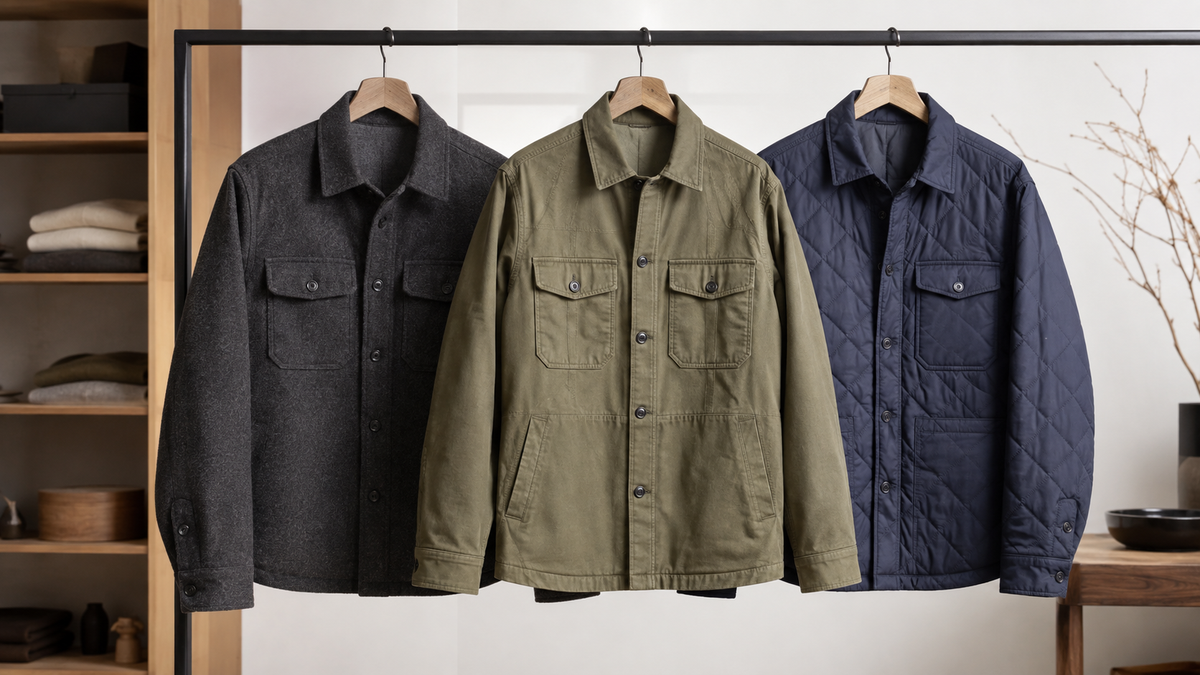 Unbranded shirt jackets in wool blend, canvas, and quilted fabrics