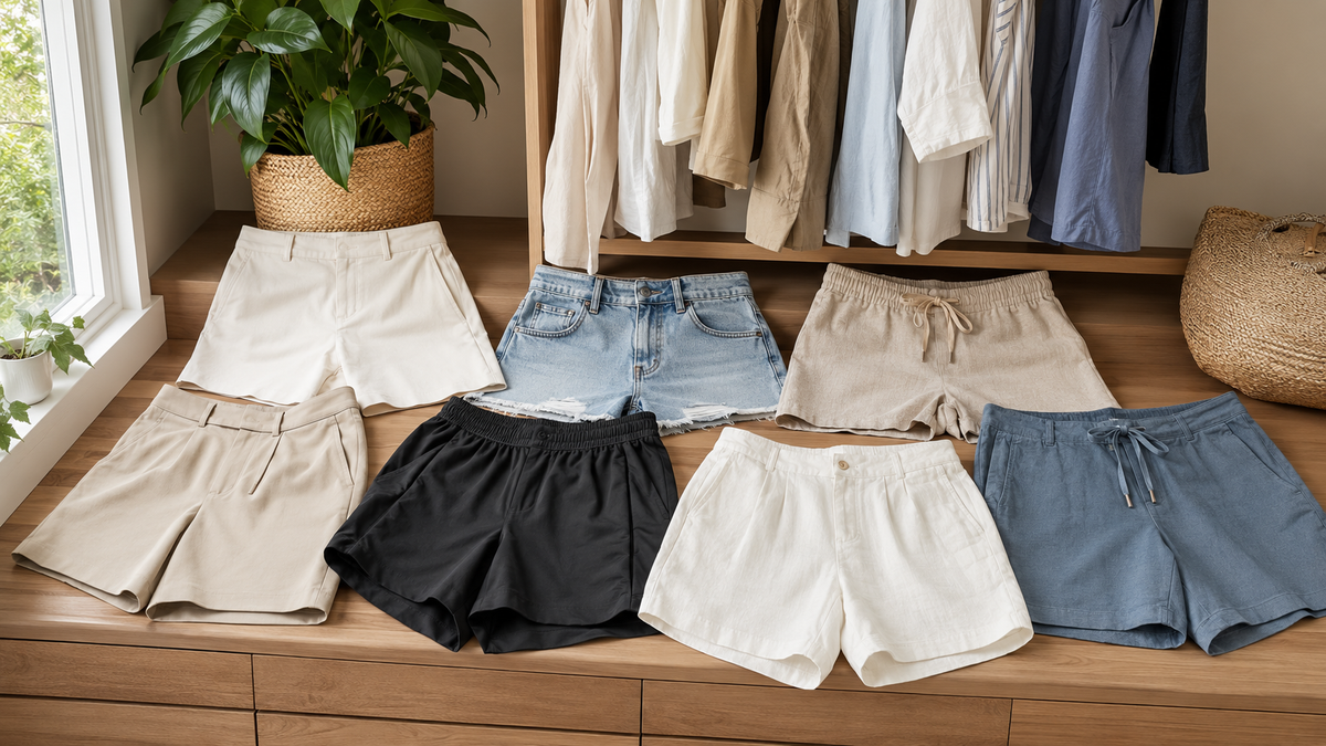 Tailored denim athletic and linen shorts arranged in a seasonal wardrobe
