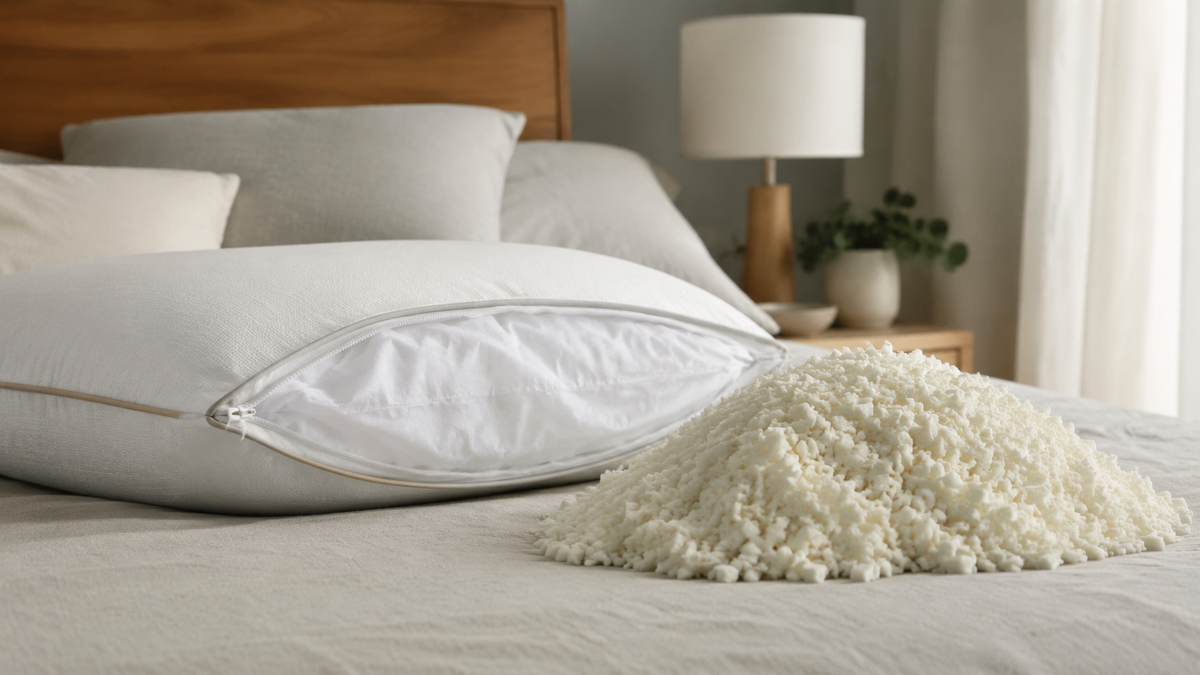 Unbranded shredded memory foam fill beside an adjustable pillow