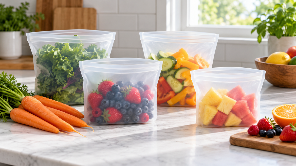 Reusable translucent silicone food storage bags filled with fruit and vegetables on a bright kitchen counter