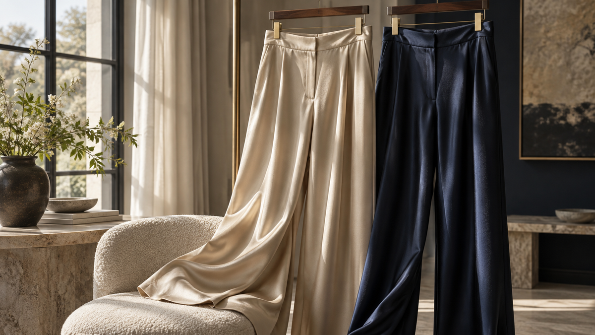Silk trousers showing fluid drape and subtle sheen