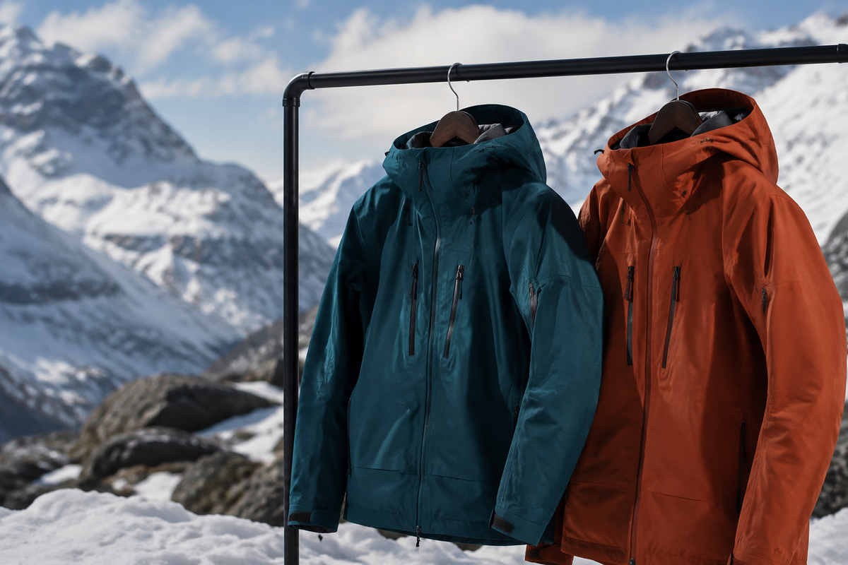 Generic technical ski jackets displayed in a clean alpine setting