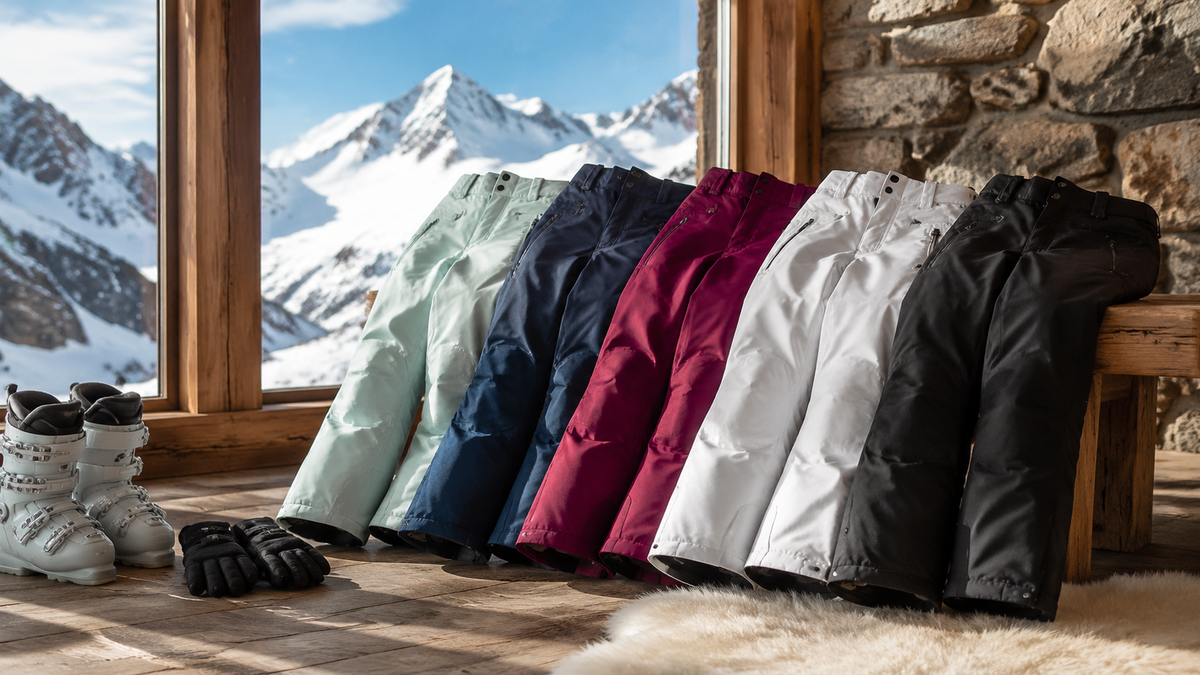 Women's ski pants in varied colors displayed in an alpine lodge beside winter gear