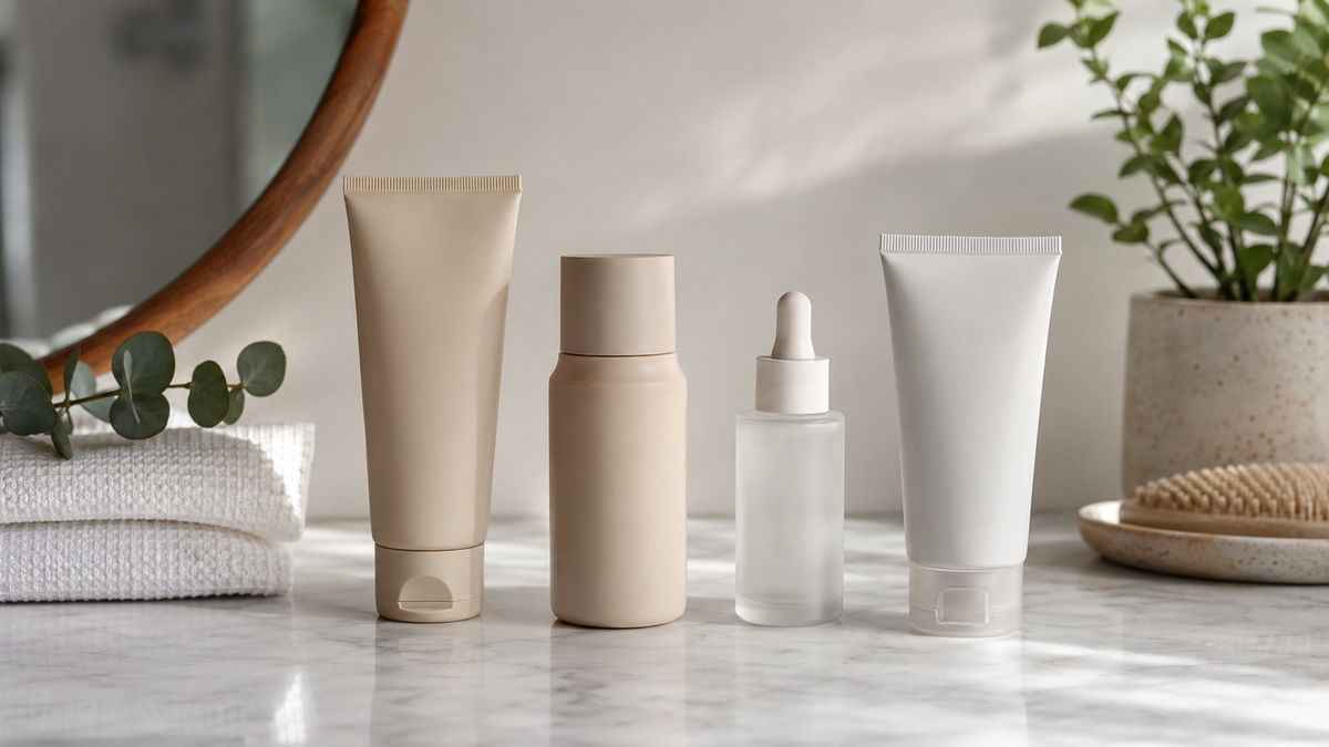 Simple unbranded skincare routine arranged on a clean bathroom vanity