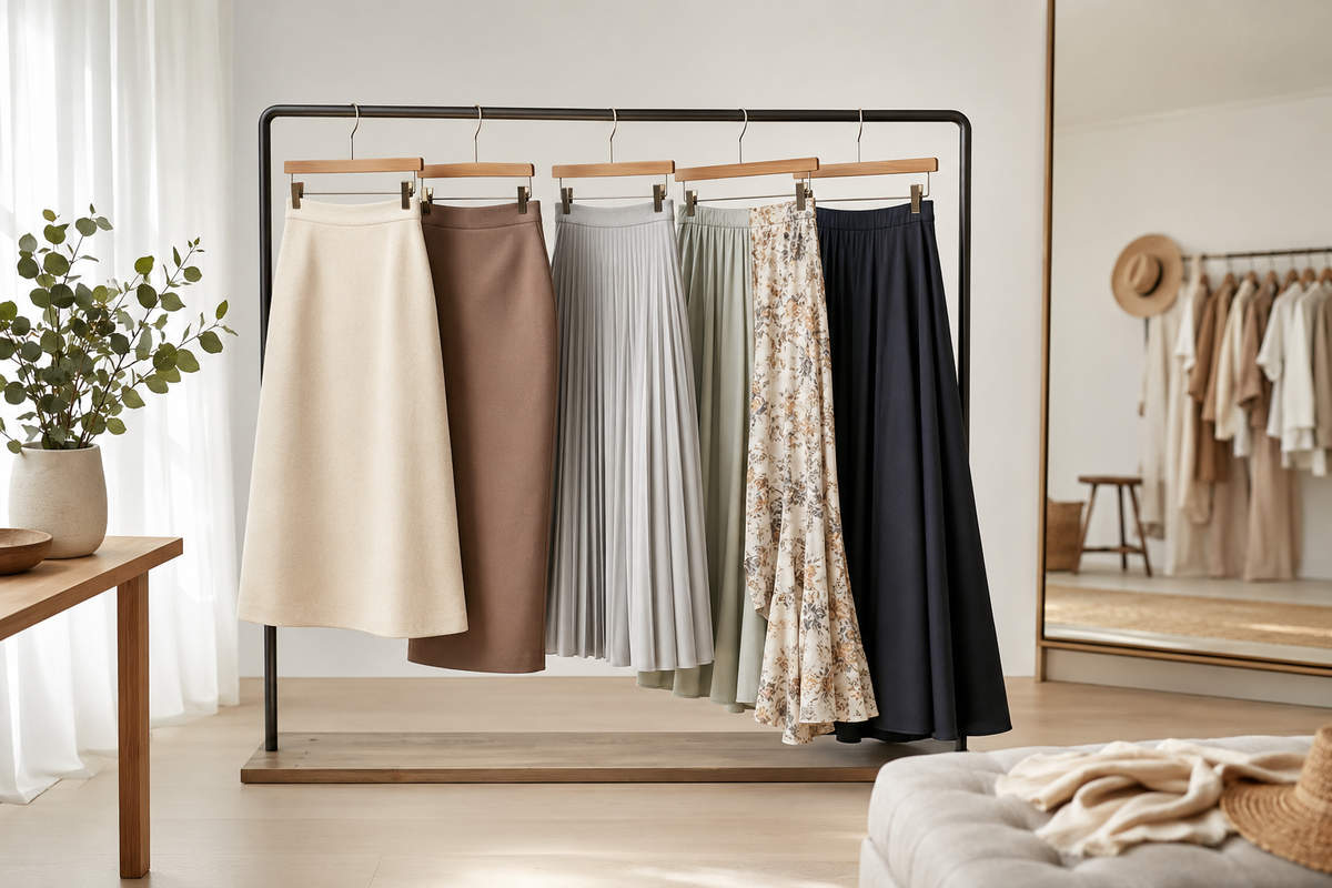 A-line pencil pleated midi and maxi skirts displayed in a bright wardrobe