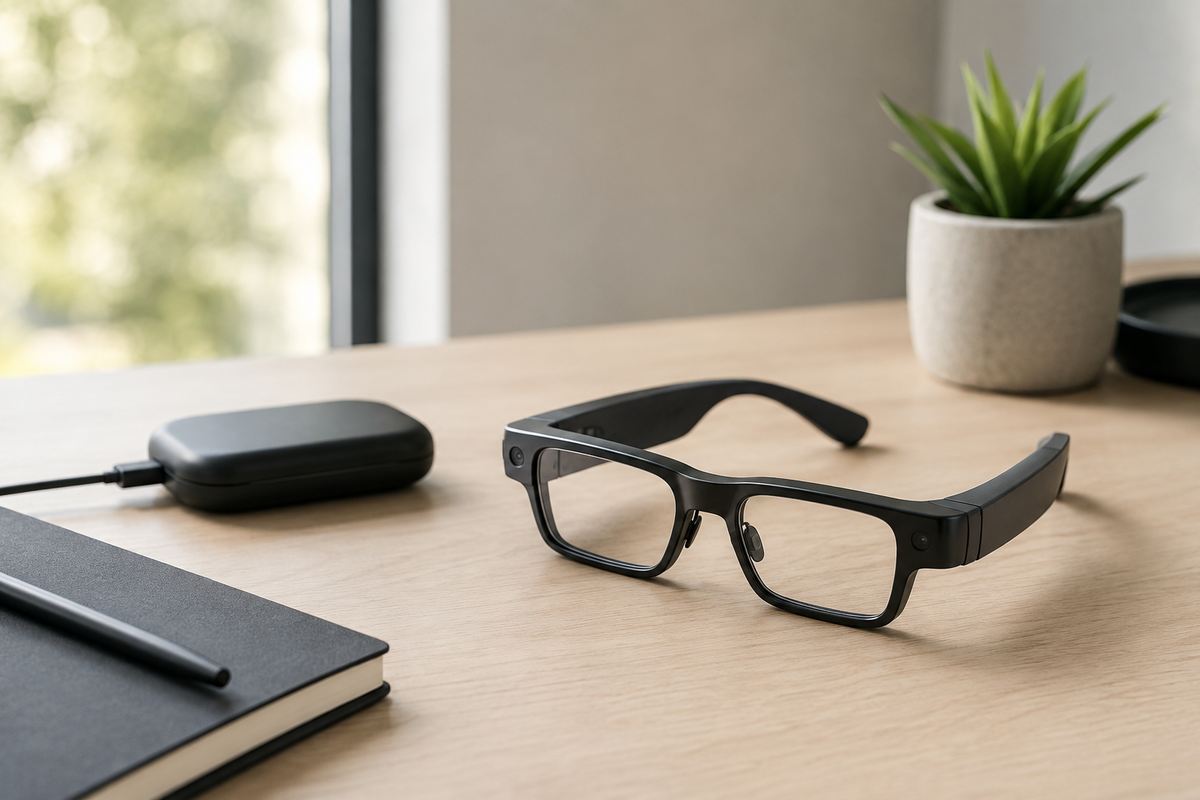 Generic smart glasses and charging accessory on a clean modern desk