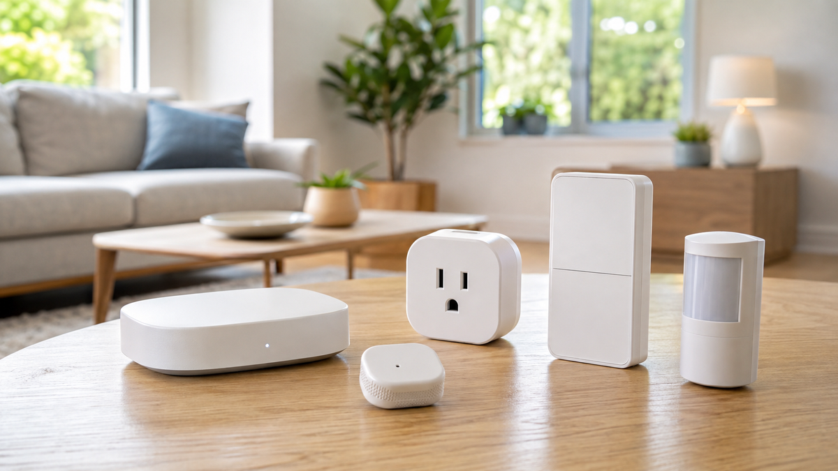 Generic smart home hub sensors plug and controls in a bright modern living room