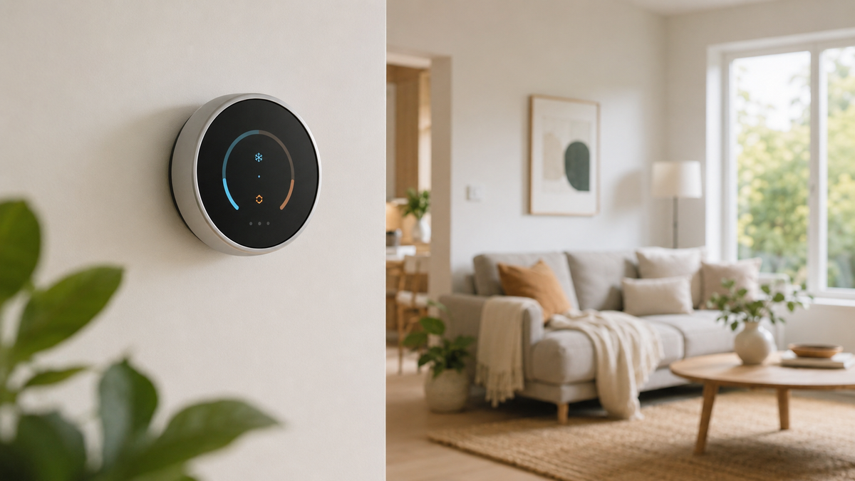 Generic smart thermostat mounted in a bright energy-efficient home