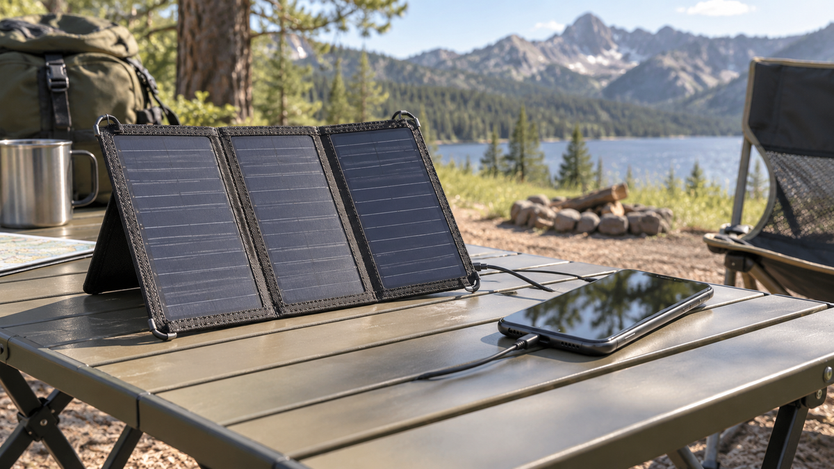 Foldable solar phone charger beside a phone at a campsite