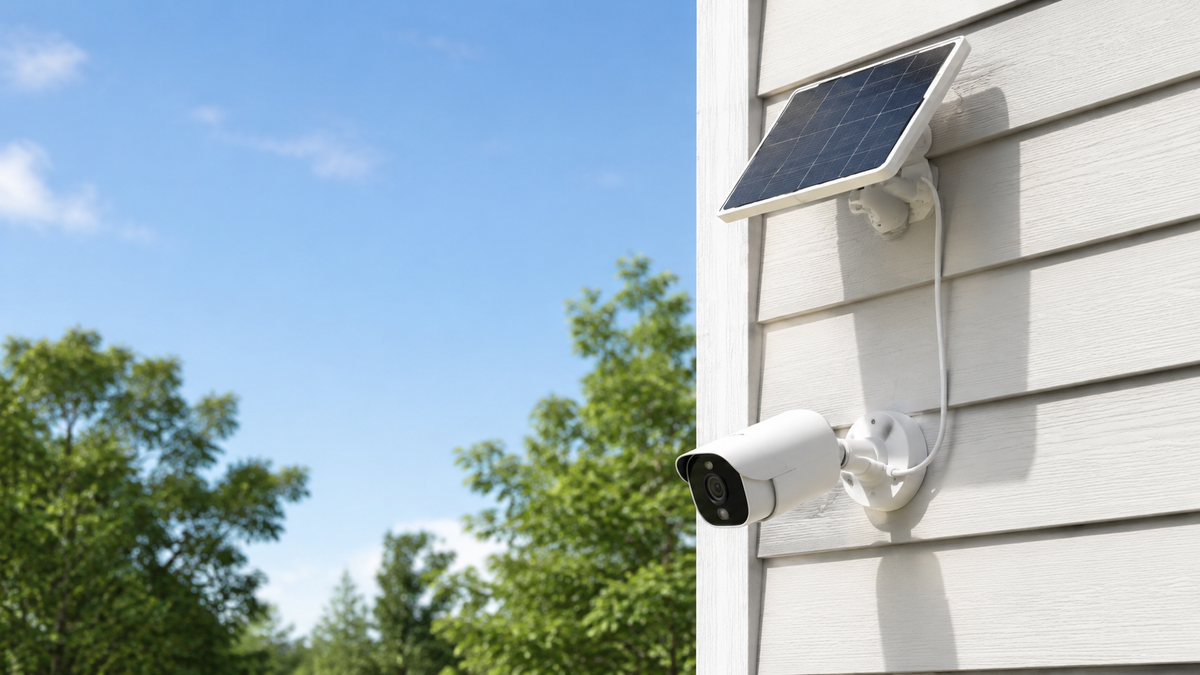 Unbranded solar-powered security camera and panel on a sunny home exterior