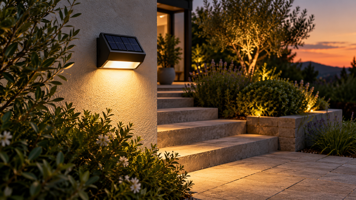 Solar sensor wall light illuminating a garden stairway at dusk