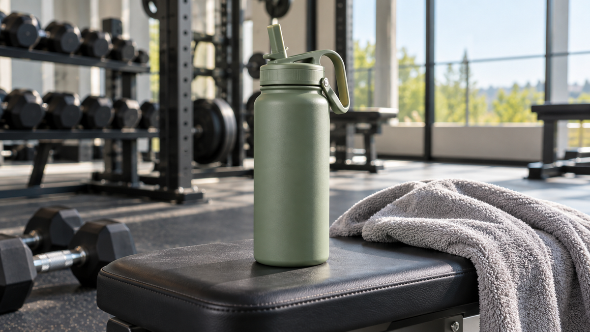 Green sports water bottle with straw and handle on a gym bench beside a towel