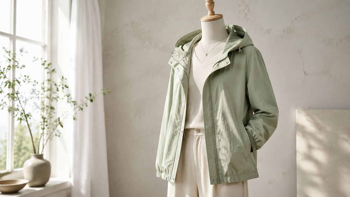 Lightweight women's spring jacket styled in neutral layers