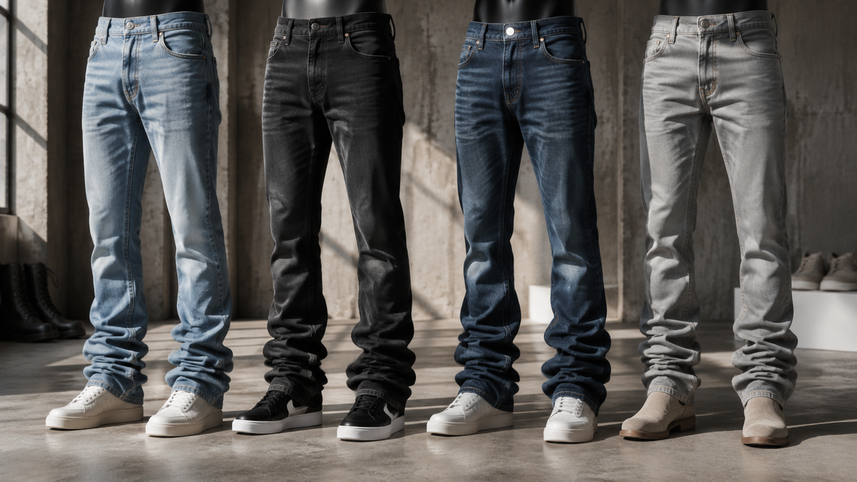Stacked jeans in varied denim washes with controlled ankle stacking